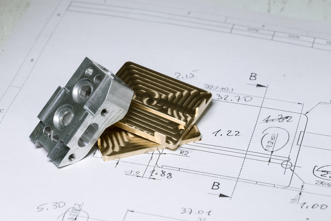 Ready CNC golden silver metal detail on technical drawing sketch